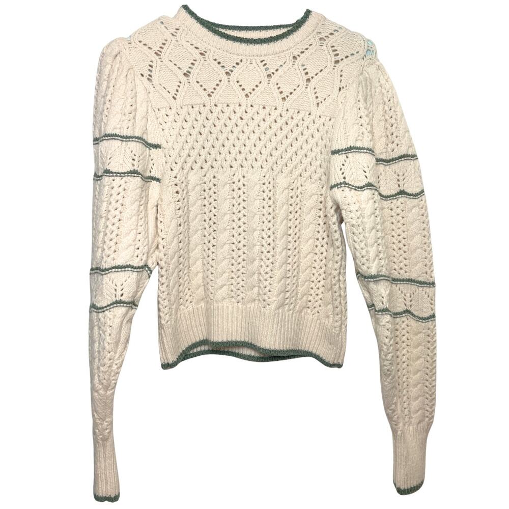 Ulla Johnson Top Sweater‎ Joleigh Cable Knit Ivory Green Chunky Puff Sleeve S - Picture 4 of 11